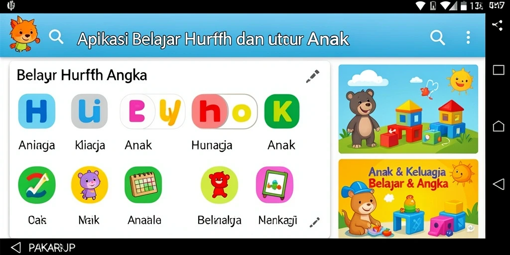 Screenshot PAKARJP menampilkan antarmuka belajar huruf dan angka yang menarik.